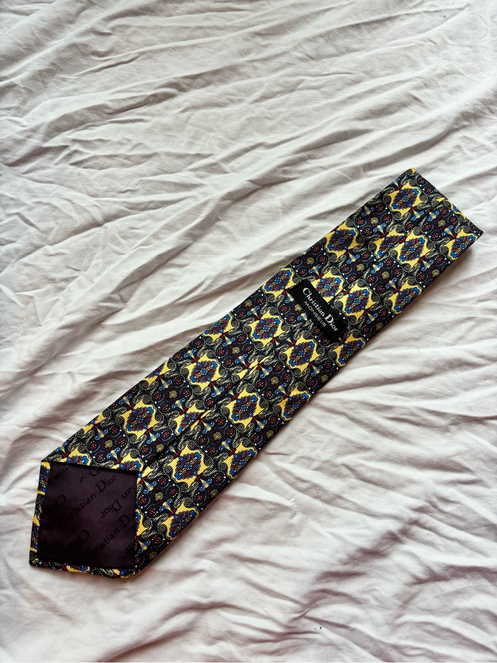 Dior Silk Tie with Yellow and Navy Floral Medallion Pattern